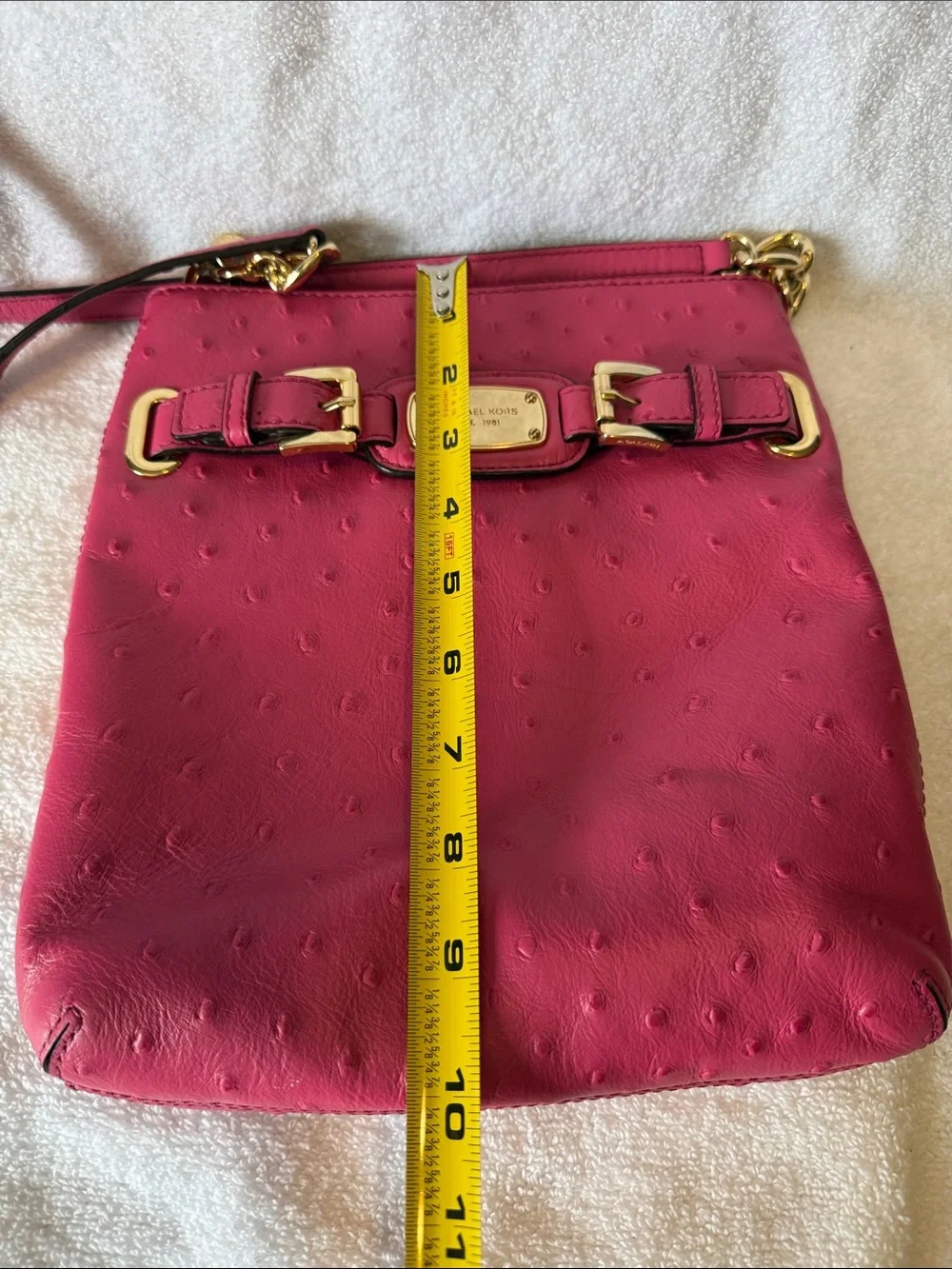 Michael Kors Hot Pink Ostrich-Embossed Crossbody with Gold Hardware